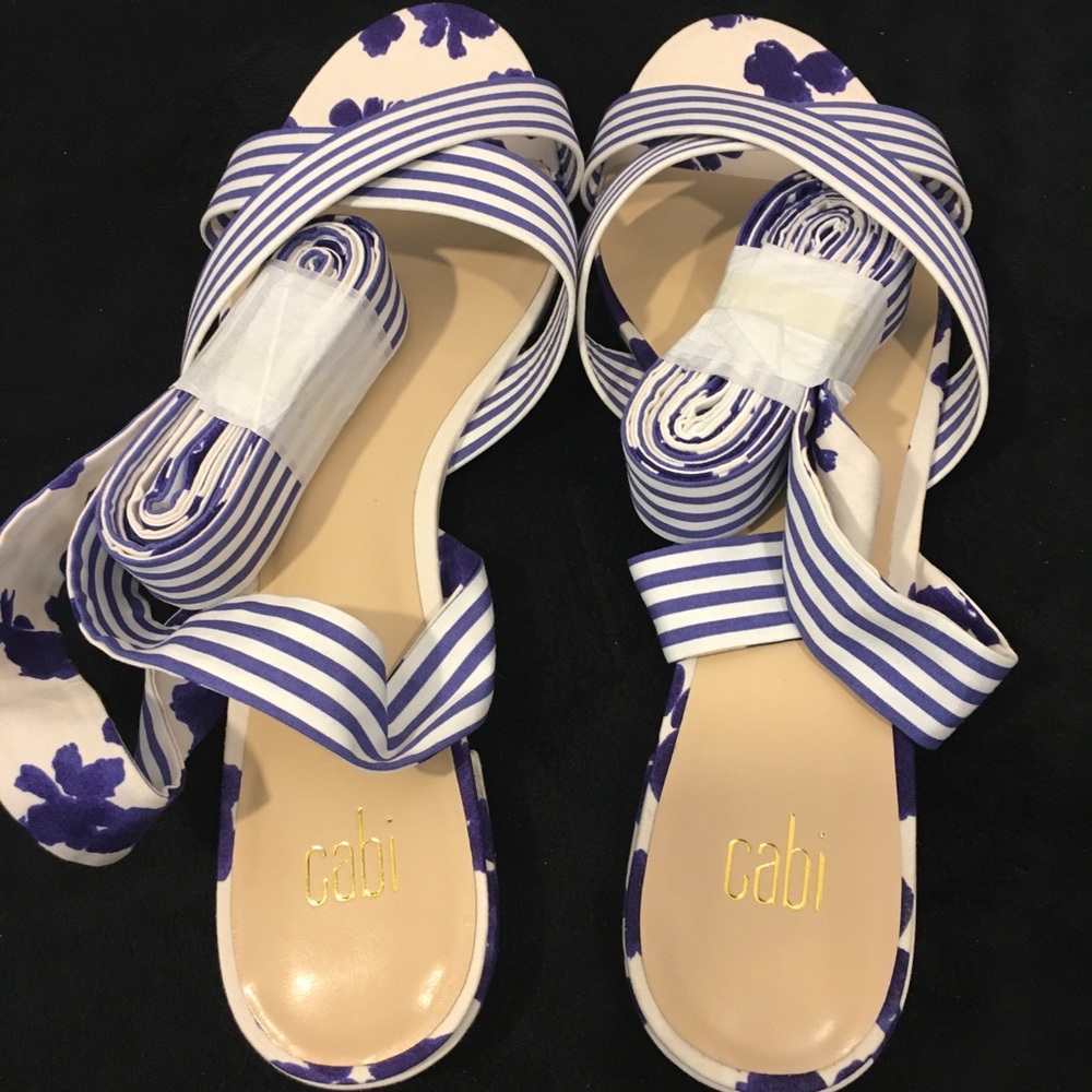 CaBi Blue and White Floral/Striped Tie Up Sandals - Picture 7 of 9